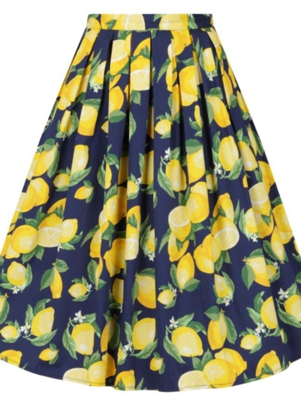 Pleated Navy Midi Skirt with Yellow Lemon Print